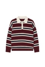 Burgundy Striped Long Sleeve Polo Sweater