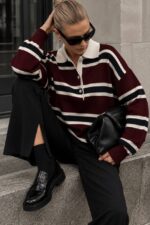 Burgundy Striped Long Sleeve Polo Sweater - Image 2