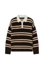 Brown Striped Long Sleeve Polo Sweater