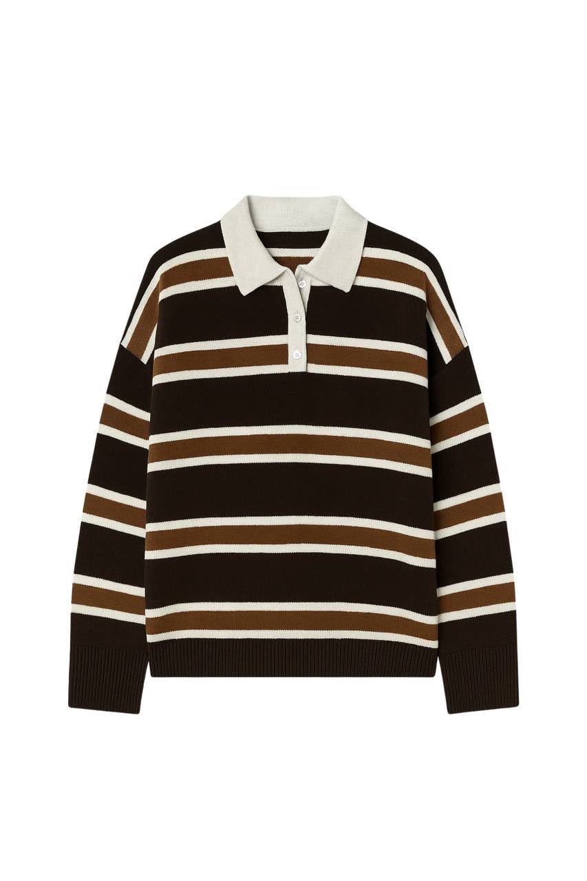 WhatsApp Image 2026-09-21 at 3.54.02 PM (1) Brown Striped Long Sleeve Polo Sweater - Image 1