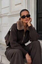Brown Zip Cardigan With Faux Fur Collar - Image 3