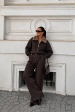 Brown Zip Cardigan With Faux Fur Collar - Image 2