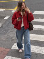 Red Checkered Zip Up Bomber Jacket - Image 2