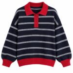 Navy Striped Polo Sweatshirt With Red Collar