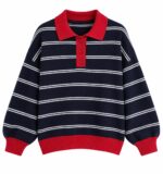 Navy Striped Polo Sweatshirt With Red Collar