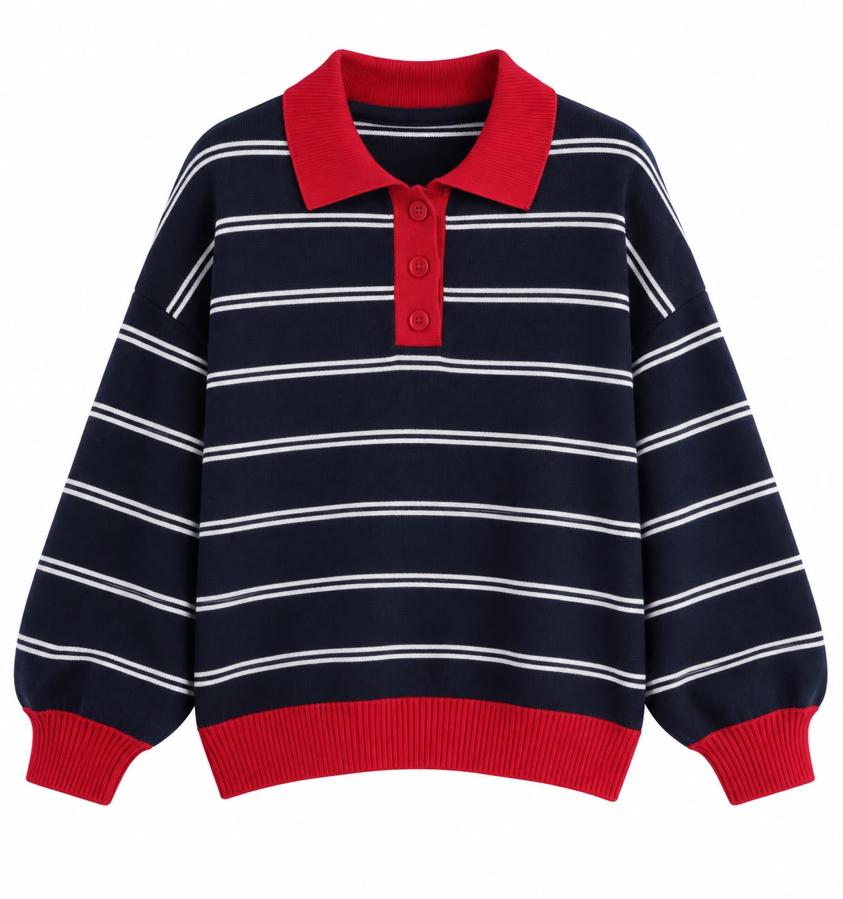 WhatsApp Image 2026-09-21 at 4.02.50 PM Navy Striped Polo Sweatshirt With Red Collar - Image 1