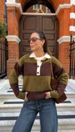 Olive & Brown Striped Polo Knit Sweater - Image 3