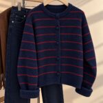 Navy Red Striped Knit Cardigan - Image 2