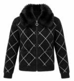 Black Faux Fur Collar Diamond Jacket