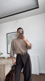 Taupe Mock Neck Oversized Sweater - Image 2