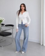 White Ribbed Cardigan With Lace Bell Sleeves - Image 2