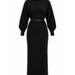 Black Belted Long Sleeve Midi Dress