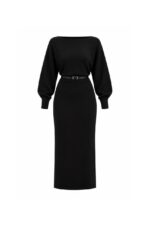 Black Belted Long Sleeve Midi Dress