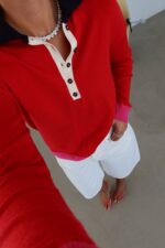 Red Long Sleeve Polo Collar Sweater - Image 3