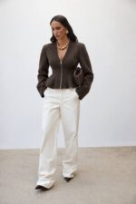 Brown Peplum Zip-Up Cardigan - Image 3