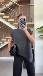 Charcoal Gray Asymmetric Knit Sweater - Image 3