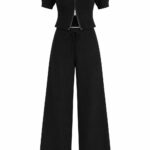 Black Knit Zip Front Pant Set