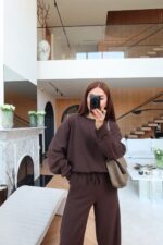 Brown Wide Leg Sweatpants and Sweatshirt Set - Image 2