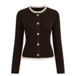 Brown Ribbed Cardigan With Lace Trim