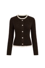 Brown Ribbed Cardigan With Lace Trim