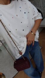White T-Shirt With Multicolor Rhinestone Accents - Image 2
