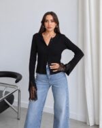 Black Ribbed Cardigan With Lace Bell Sleeves - Image 2