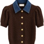 Brown Cable Knit Cardigan With Denim Collar