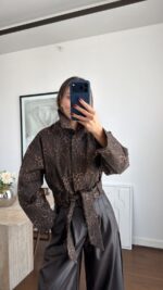 Brown Animal Print Belted Jacket - Image 3