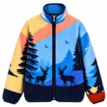 Colorful Fleece Jacket With Deer Mountain Scene