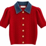 Red Cable Knit Cardigan With Denim Collar