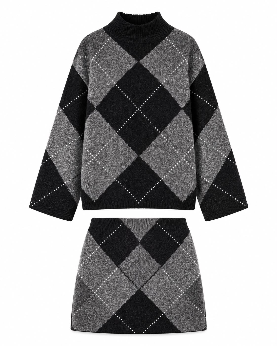 02735e1a-8124-4320-ad94-272e2ecd7260 Black Grey Argyle Knit Sweater Skirt Set - Image 1
