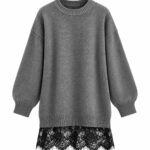 Gray Knit Sweater Dress With Black Lace Hem