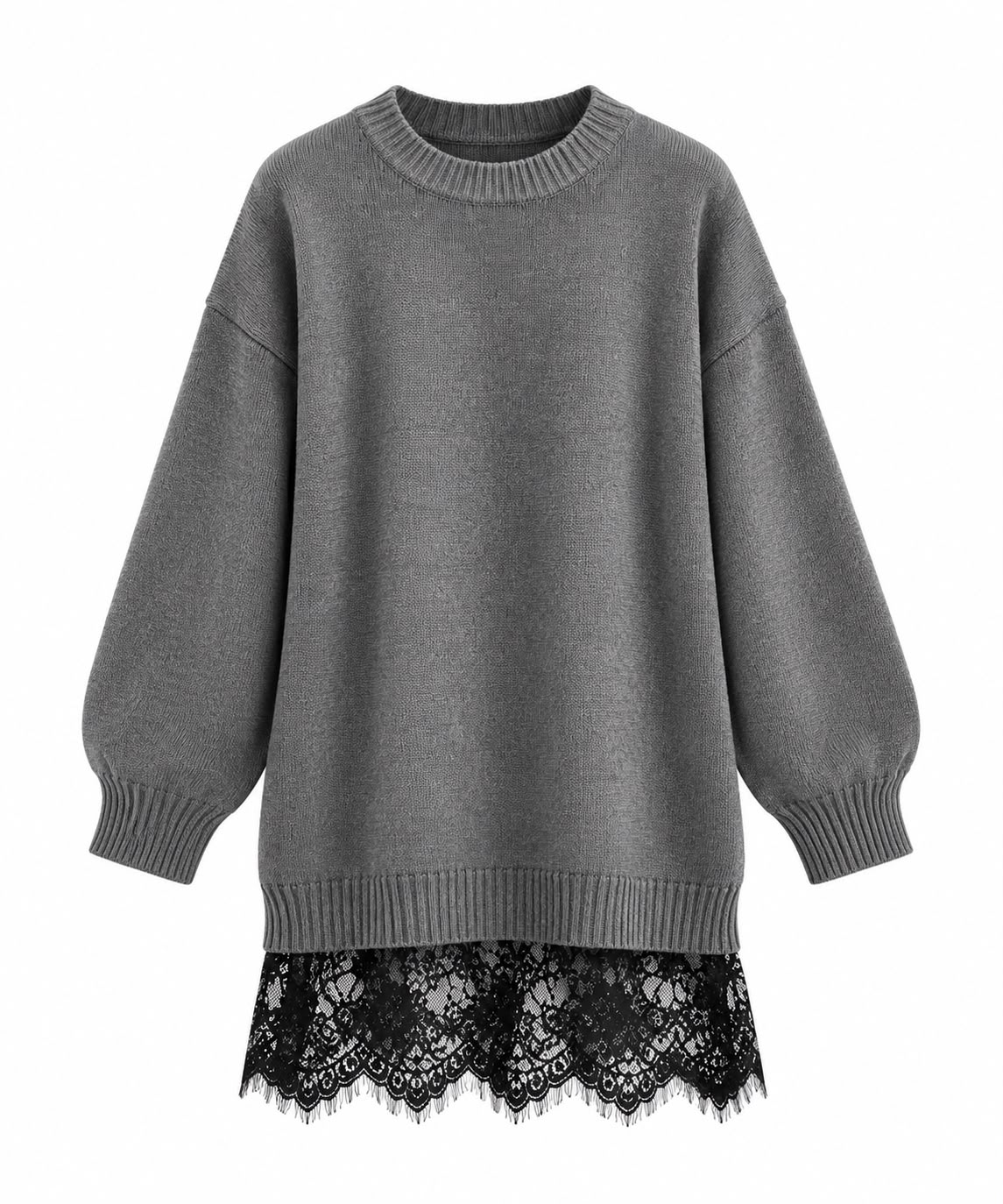 06b2d0ef-383a-4a4f-824d-a0a742a00c50 Gray Knit Sweater Dress With Black Lace Hem - Image 1