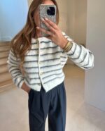 White Striped Knit Cardigan with Gold Buttons - Image 2