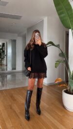 Black Oversized Sweater Dress with Lace Trim Hem - Image 2