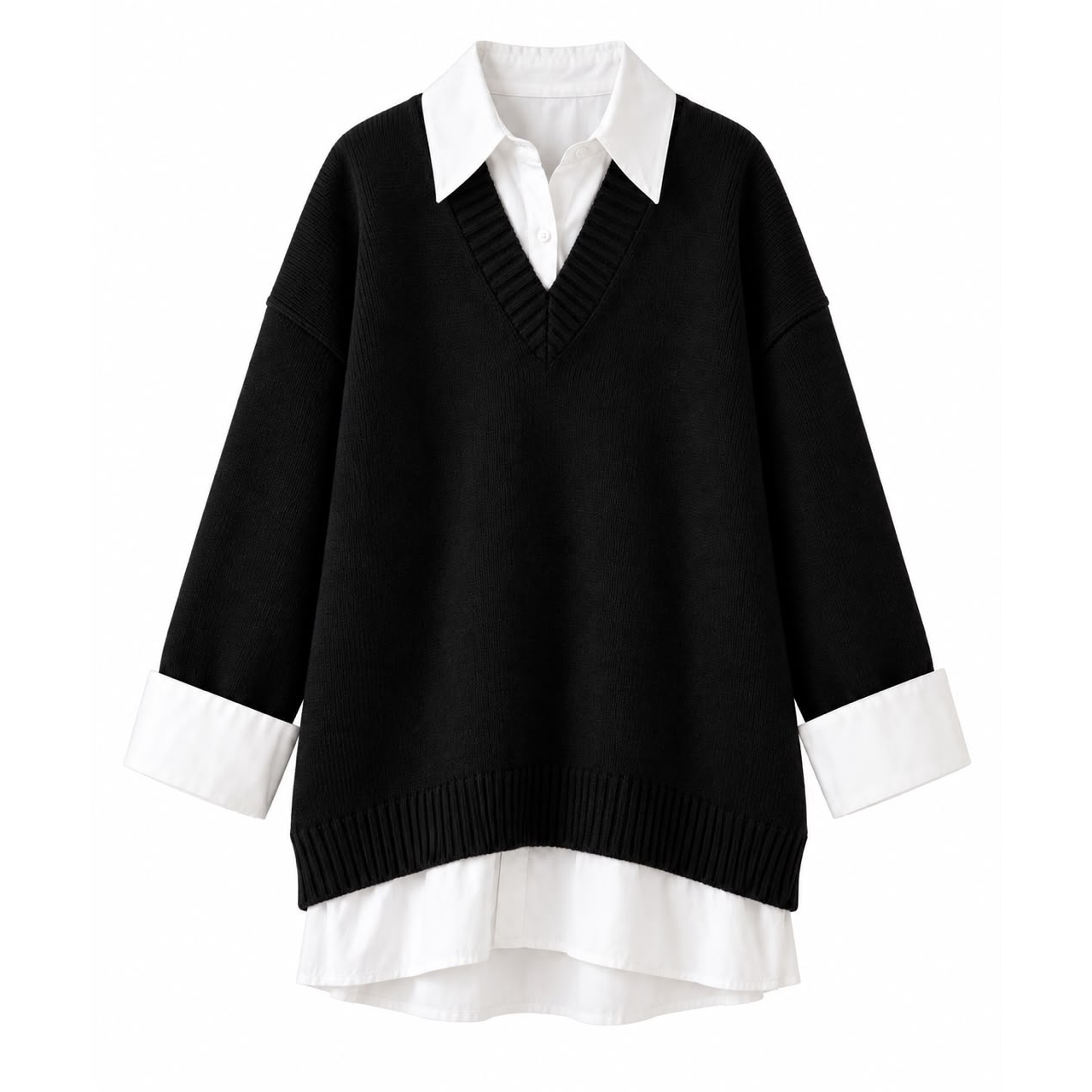 0d723955-ecbd-4fe2-82da-e080c3da472d Black V-Neck Sweater Layered Shirt - Image 1