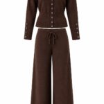 Brown Knit Cardigan and Wide Leg Pants Set