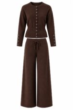 Brown Knit Cardigan and Wide Leg Pants Set