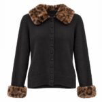 Black Cardigan With Leopard Faux Fur Trim