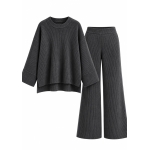 Grey Ribbed Knit Sweater and Pants Set