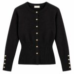 Black Ribbed Cardigan With Gold Buttons