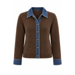 Brown Knit Cardigan With Denim Trim