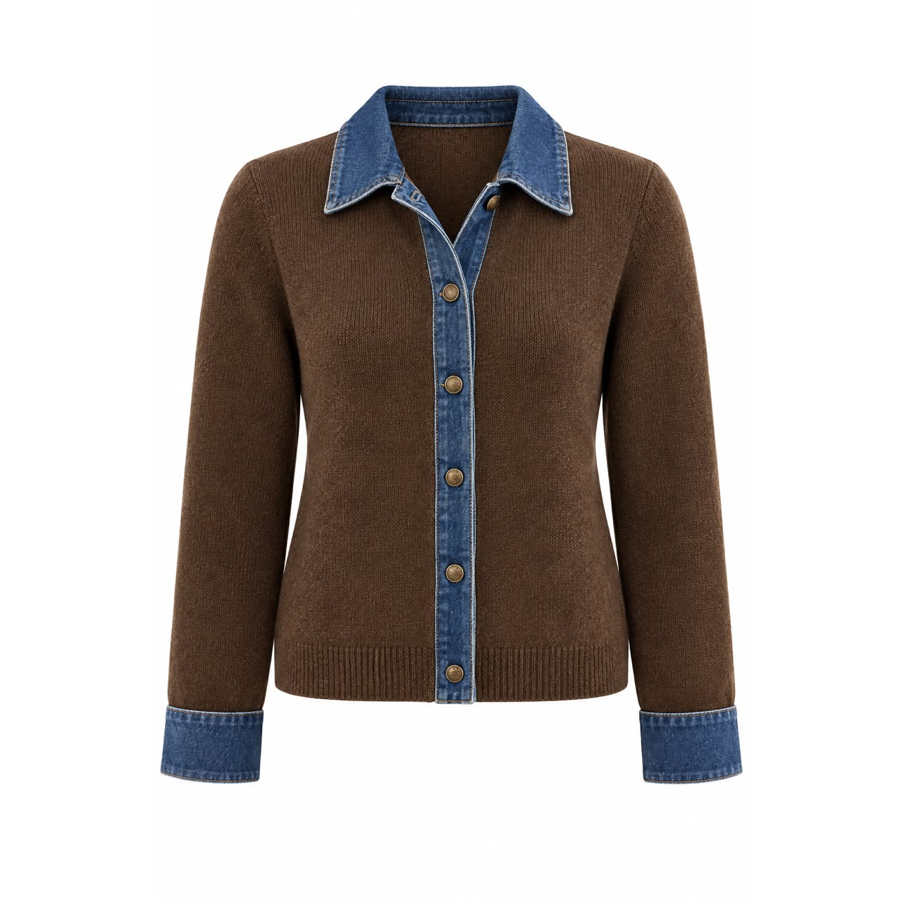 30b8d72f-c9ca-4e84-ae2d-46be0e369978 Brown Knit Cardigan With Denim Trim - Image 1