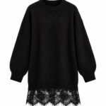Black Oversized Sweater Dress with Lace Trim Hem