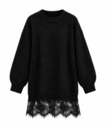 Black Oversized Sweater Dress with Lace Trim Hem
