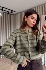 Olive Striped Knit Button Cardigan - Image 3