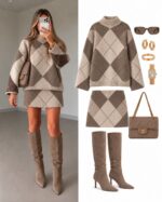 Beige Brown Argyle Knit Sweater Skirt Set - Image 2