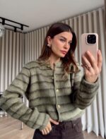 Olive Striped Knit Button Cardigan - Image 2