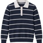 Navy Striped Knit Polo Sweater