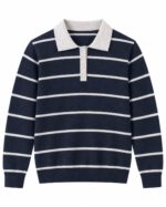 Navy Striped Knit Polo Sweater